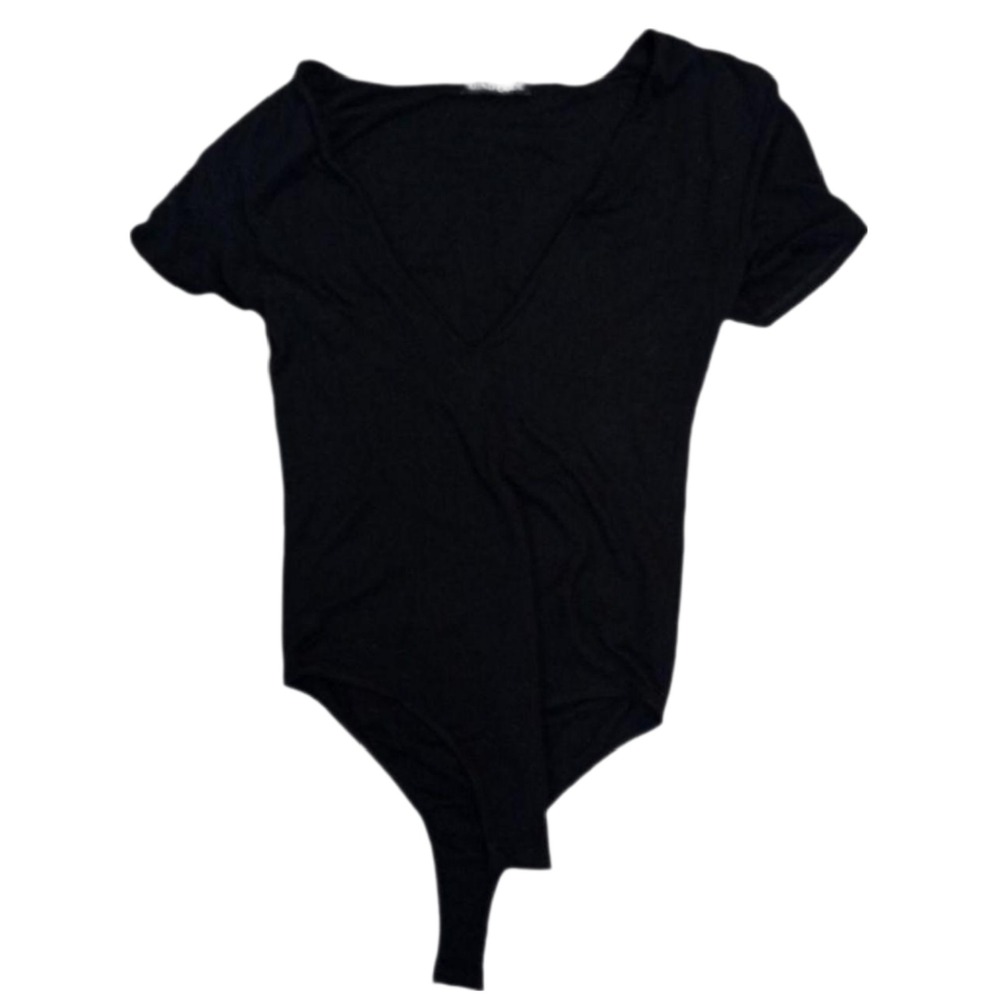 Mind Code Black Bodysuit‎ V-Neck Short Sleeve Casual Top SKUW169